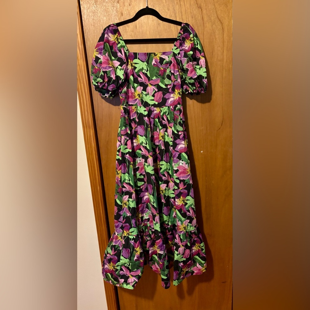 Express Floral Square Neck Puff Sleeve Tier Poplin Maxi Dress